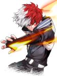  1boy absurdres belt black_bodysuit blue_eyes bodysuit boku_no_hero_academia burn_scar closed_mouth commentary cowboy_shot cropped_legs fingerless_gloves fire gloves heterochromia highres kai2_ly looking_to_the_side male_focus multicolored_hair outstretched_arm pyrokinesis redhead scar scar_on_face short_hair signature simple_background solo split-color_hair todoroki_shouto two-tone_hair white_background white_hair 