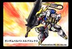  artist_name black_border border cable cable_tail character_name chibi claws glowing glowing_eye green_eyes gundam gundam_barbatos_lupus_rex gundam_tekketsu_no_orphans highres holding_club mecha mechanical_tail mobile_suit no_humans open_hand over_shoulder robot science_fiction solo tail weapon weapon_over_shoulder yuzupapa 