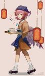  1girl :d absurdres animal_ears apron bandana beamed_eighth_notes bird_ears bird_wings black_footwear blue_apron blue_bandana bowl brown_kimono chinese_commentary commentary eighth_note feathered_wings fish_(red_star_child) food from_side full_body geta highres holding holding_plate japanese_clothes kimono lantern looking_at_viewer looking_to_the_side medium_hair musical_note mystia_lorelei obi onigiri open_mouth paper_lantern pink_hair plate red_eyes sash smile socks solo touhou touhou_mystia&#039;s_izakaya waist_apron walking white_socks wings 