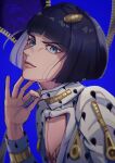  1boy absurdres bangs black_hair blue_eyes blunt_bangs blurry bob_cut bruno_buccellati closed_mouth clothing_cutout eyelashes fingernails hair_ornament highres jojo_no_kimyou_na_bouken looking_at_viewer male_focus patterned patterned_clothing pectorals pili_0 smile solo turtleneck upper_body vento_aureo zipper zipper_pull_tab 