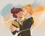  2girls amphibia anne_boonchuy blonde_hair blush brown_hair closed_mouth commentary_request covered_eyes dark-skinned_female dark_skin earrings hand_over_another&#039;s_eyes harry_potter_(series) hogwarts_school_uniform holding holding_hands interlocked_fingers jewelry looking_at_another mengshuo2019 mole multiple_girls parted_lips sasha_waybright school_uniform short_hair stud_earrings yuri 