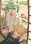  1boy 1girl aqua_eyes aqua_hair architecture arms_behind_head bangs black_shirt blonde_hair blue_eyes collarbone commentary cucumber cup day drink drinking_glass east_asian_architecture eating eggplant floral_print food fruit grass hair_between_eyes hand_fan hatsune_miku highres holding holding_food indoors kagamine_len kiya_machi leaf_print long_hair looking_at_viewer lying on_floor open_door open_mouth paper_fan shirt short_sleeves shouji sitting sliding_doors stone summer sweat tatami teeth twintails uchiwa very_long_hair vocaloid watermelon white_shirt wooden_floor 