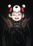 1girl :d \o/ ^_^ animal_ears armpits arms_up bear_ears bear_girl black_background black_hair closed_eyes commentary extra_ears facing_viewer hair_ornament happy heart heart_hair_ornament highres kemono_friends kemono_friends_3 kumamon_(kemono_friends) long_hair multicolored_hair open_mouth outstretched_arms simple_background smile solo star_(symbol) star_hair_ornament tanabe_(fueisei) teeth upper_body upper_teeth very_long_hair white_hair 