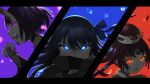  3girls absurdres benienma_(fate) blue_background blue_eyes fang fate/grand_order fate_(series) feathers fingernails glowing glowing_eyes hair_ribbon hat highres horns jifuwabe letterboxed low_ponytail meltryllis_(fate) multiple_girls oni_horns purple_background red_background red_eyes ribbon sharp_fingernails shuten_douji_(fate) violet_eyes 