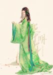  1girl brown_hair chinese_clothes closed_mouth dress expressionless falling_petals from_side full_body green_dress hanfu long_hair long_sleeves looking_down original petals ponytail shiny shiny_hair solo yu_mingqing_yeimq 