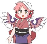  1girl animal_ears bird_ears bird_wings blush fang head_scarf ini_(inunabe00) japanese_clothes mystia_lorelei obi okamisty open_mouth pink_hair sash short_hair short_sleeves simple_background skin_fang smile solo touhou upper_body white_background white_wings wings yellow_eyes 
