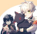  2boys arknights armband aruke0 bishounen black_hair blush coat dog faust_(arknights) green_eyes jealous licking male_focus mephisto_(arknights) multiple_boys one_eye_closed pointy_ears pout red_armband short_hair smile spots tail tail_wagging white_hair 