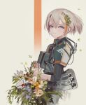  1girl absurdres armor black_shirt blue_flower bouquet english_commentary envelope flower from_side grey_eyes grey_hair hair_behind_ear highres looking_to_the_side multicolored_hair orange_hair original pink_flower polilla shirt smile solo streaked_hair 
