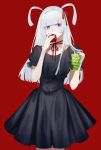  1boy apple bangs black_dress black_nails blunt_bangs dress eating fingernails food frills fruit grapes hair_ribbon highres holding holding_food holding_fruit itami_(maemukina_do) long_fingernails long_hair male_focus neck_ribbon original otoko_no_ko puffy_sleeves red_background red_ribbon ribbon short_twintails signature simple_background solo twintails violet_eyes white_hair 