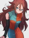  1girl android_21 blue_eyes breasts checkered_clothes checkered_dress dragon_ball dragon_ball_fighterz dress glasses grey_background hair_between_eyes kemachiku looking_at_viewer medium_breasts redhead solo 
