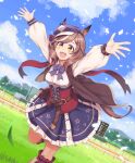  absurdres animal_ears belt_pouch blurry blurry_background blush bow breasts brown_hair cabbie_hat commentary_request confetti grass hair_ornament hairclip hat highres horse_ears horse_girl horse_tail jacket leg_up matikane_tannhauser_(umamusume) medium_breasts medium_hair open_mouth pouch racetrack row_(kentaro_0904) shirt skirt sky smile tail umamusume yellow_eyes 