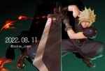  1boy aqua_eyes armor baggy_pants bandaged_arm bandages belt blonde_hair blue_pants blue_shirt boots brown_footwear buster_sword cloud_strife dated fighting_stance final_fantasy final_fantasy_vii final_fantasy_vii_remake fire full_body gloves green_background hair_between_eyes hair_over_one_eye highres holding holding_sword holding_weapon looking_at_viewer male_focus materia multiple_belts pants shadow shirt short_hair shoulder_armor sleeveless sleeveless_shirt spiky_hair squatting suspenders sword twitter_username weapon zodiac_crest 