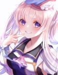  1girl bangs collarbone floating_hair grin long_hair looking_at_viewer princess_connect! ryuna_(inc_moon) simple_background smile solo tsumugi_(princess_connect!) upper_body violet_eyes white_background white_hair wrist_cuffs 