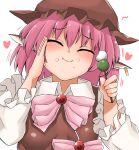  1girl animal_ears bird_ears blush brown_dress brown_headwear closed_eyes closed_mouth dango dress earrings eating food food_on_face frilled_sleeves frills hair_between_eyes hat heart highres holding holding_food jewelry long_sleeves motion_lines mystia_lorelei nasunasuurin pink_hair short_hair simple_background single_earring smile solo touhou upper_body wagashi white_background winged_hat 