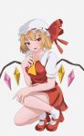  1girl :d ascot bangs blonde_hair crystal fang flandre_scarlet hat hat_ribbon high_heels highres looking_at_viewer mob_cap open_mouth red_eyes red_footwear red_ribbon red_skirt red_vest ribbon shirt short_hair short_sleeves simple_background sketch_book27 skirt smile socks solo squatting touhou vest white_background white_headwear white_shirt white_socks wings yellow_ascot 