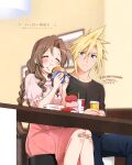  1boy 1girl aerith_gainsborough alternate_costume alternate_hairstyle artist_name bandaid bandaid_on_knee bandaid_on_leg bangs black_shirt blonde_hair blue_eyes blush braid breasts burger casual closed_eyes cloud_strife cup dated denim disposable_cup drinking_straw eating fast_food feet_out_of_frame final_fantasy final_fantasy_vii final_fantasy_vii_remake food food_on_face hair_between_eyes hairband holding holding_cup holding_food indoors jeans jewelry krudears long_hair looking_at_another medium_breasts pants parted_bangs picture_frame pink_shirt pink_skirt puffy_short_sleeves puffy_sleeves restaurant ring shirt short_hair short_sleeves sidelocks sitting skirt spiky_hair t-shirt twin_braids twitter_username wavy_hair web_address 