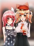  2girls akatsuki_banmai bangs blonde_hair breasts dukyduky96 fang hibiki_duca milk_tea multiple_girls pink_eyes pink_hair virtual_youtuber yellow_eyes 