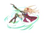  1girl :d absurdres arisa_(shadowverse) arrow_(projectile) blonde_hair blue_shirt boots bow_(weapon) cape elf full_body green_eyes hair_between_eyes hair_ribbon hair_tie hairband highres holding holding_arrow knee_boots long_hair minhongchen open_mouth pointy_ears red_cape ribbon shadowverse shirt skirt sleeveless sleeveless_shirt smile solo thigh-highs thigh_boots weapon white_background 