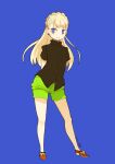  1girl arms_behind_back bangs black_shirt blonde_hair blue_background blue_eyes blunt_bangs braid closed_mouth dated earrings full_body green_shorts highres jewelry long_hair looking_at_viewer mota original red_footwear shirt shoes short_sleeves shorts simple_background smile solo standing 