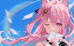  1girl animal_ears arknights bare_shoulders black_gloves bubble covering_mouth cube_(cuberoot-of-e) diamond-shaped_pupils diamond_(shape) envelope floating_hair gloves hair_ornament hand_up holding holding_envelope long_hair looking_at_viewer one_eye_closed pink_eyes pink_hair portrait pozyomka_(arknights) solo symbol-shaped_pupils wolf_ears wolf_girl 