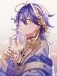  1boy absurdres ahoge androgynous aster_arcadia azumadori_tsugumi blonde_hair ear_piercing facing_to_the_side hair_ornament heterochromia highres jewelry long_sleeves looking_at_viewer male_focus nail_polish nijisanji nijisanji_en parted_lips piercing purple_hair ring solo star_(symbol) star_hair_ornament violet_eyes white_background yellow_eyes 