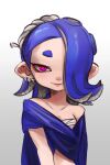  asymmetrical_hair blue_hair cephalopod_eyes chest_sarashi earrings eeveebooyah hair_ornament hand_fan highres jewelry looking_at_viewer octoling pointy_ears pointy_hair poncho red_eyes sarashi shiver_(splatoon) smile splatoon_(series) splatoon_3 suction_cups tentacle_hair 