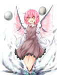  1girl animal_ears bird_ears bird_wings blush brown_dress dress fang frilled_dress frills full_body hair_between_eyes highres miki_yanagi mystia_lorelei no_headwear open_mouth pink_hair pink_wings short_hair skin_fang sleeves_past_fingers sleeves_past_wrists smile solo touhou wide_sleeves wings yellow_eyes 