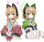  2girls :/ :d animal_ears aqua_necktie bangs blonde_hair blue_archive blunt_bangs blush bow cat_ear_headphones cat_ears closed_mouth dot_nose facing_to_the_side fake_animal_ears green_bow green_eyes hair_bow halo headphones highres inuinununununu long_hair long_sleeves looking_at_viewer midori_(blue_archive) momoi_(blue_archive) multiple_girls necktie no_nose own_hands_together red_bow red_eyes siblings sidelocks simple_background sketch smile twins upper_body white_background wide_sleeves 