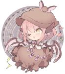  1girl animal_ears beamed_eighth_notes bird_ears bird_wings blush brown_dress brown_headwear chibi dress eighth_note frilled_dress frills full_body hair_between_eyes hall_jion highres juliet_sleeves long_sleeves musical_note mystia_lorelei one_eye_closed open_mouth pink_hair puffy_sleeves short_hair solo touhou white_wings winged_hat wings yellow_eyes 