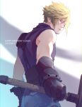  1boy absurdres aqua_eyes armor bare_shoulders belt blonde_hair blue_pants blue_shirt buster_sword character_name cloud_strife cowboy_shot dated demi_co final_fantasy final_fantasy_vii final_fantasy_vii_remake gloves hair_between_eyes happy_birthday highres holding holding_sword holding_weapon looking_to_the_side male_focus multiple_belts muscular muscular_male pants shirt short_hair shoulder_armor sleeveless sleeveless_turtleneck solo spiky_hair suspenders sword turtleneck weapon white_background 