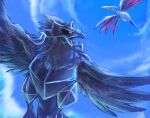  bird black_sclera bright_pupils clouds colored_sclera commentary_request corviknight day flying from_below glint highres ka-neito no_humans open_mouth outdoors pokemon pokemon_(creature) red_eyes skarmory sky white_pupils 