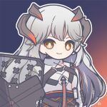  1girl arknights bangs dragon_horns grey_hair highres holding holding_shield horns id_card long_hair looking_at_viewer orange_eyes saria_(arknights) shield shirt simple_background smile solo strap user_zyeh2574 white_shirt 