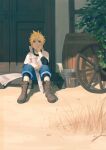  1boy black_shirt blue_eyes blue_shorts boots brown_footwear bucket cloud_strife door final_fantasy final_fantasy_vii final_fantasy_vii_remake full_body grass hand_to_own_mouth highres ho_fan house layered_shirt looking_up low_ponytail male_child male_focus newspaper outdoors shirt short_hair_with_long_locks shorts sitting solo spiky_hair wheel white_shirt younger 