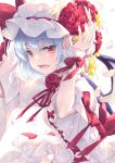  1girl blue_hair bow dress falling_petals fang fingernails flower hands_up hat hat_flower highres holding looking_away motomiya_mitsuki open_mouth petals pink_flower pink_rose red_bow red_eyes red_flower red_ribbon red_rose remilia_scarlet ribbon rose rose_petals short_sleeves signature simple_background solo touhou white_background white_dress wings wrist_cuffs 