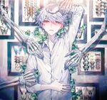  1boy absurdres blush bug butterfly collared_shirt highres long_sleeves looking_at_viewer male_focus mura_karuki open_mouth original picture_frame shirt short_hair skeletal_arm skeleton solo white_eyes white_hair white_shirt white_theme 