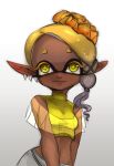  1girl asymmetrical_hair baggy_pants cephalopod_eyes dark-skinned_female dark_skin earrings eeveebooyah frye_(splatoon) hair_ornament highres jewelry looking_at_viewer multicolored_hair navel nintendo pants pointy_ears pointy_hair see-through smile solo splatoon_(series) splatoon_3 tentacle_hair yellow_eyes 