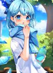  1girl :o alternate_costume blue_bow blue_eyes blue_hair blue_sky bottle bow cirno clouds day hair_behind_ear hair_bow highres holding holding_bottle ice ice_wings open_mouth outdoors shirt short_sleeves sky solo touhou towel towel_around_neck tree upper_body water_bottle white_shirt wings yuineko 