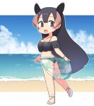  1girl animal_ears beach bikini black_bikini black_eyes black_hair blush brown_hair collarbone extra_ears frilled_bikini frills highres kemono_friends long_hair mountain_tapir_(kemono_friends) multicolored_hair pozesuke sandals sarong see-through solo spaghetti_strap swimsuit tail tapir_ears tapir_girl tapir_tail white_footwear white_hair 