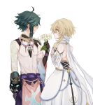  1boy 1girl absurdres ahoge aqua_sleeves arm_guards arm_tattoo armor asymmetrical_clothes asymmetrical_sleeves bangs bare_shoulders bead_necklace beads black_gloves blonde_hair blush brown_hair commentary_request detached_sleeves diamond_(shape) dress ear_blush elbow_gloves embarrassed enefue flower gauntlets genshin_impact gloves hair_between_eyes hair_flower hair_ornament highres holding holding_flower jewelry looking_at_another lumine_(genshin_impact) multicolored_clothes multicolored_gloves necklace qingxin_flower short_hair_with_long_locks shoulder_armor sidelocks simple_background single_detached_sleeve strapless strapless_dress sweatdrop tattoo white_armor white_background white_dress white_gloves wide_sleeves xiao_(genshin_impact) yellow_eyes 