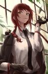  1girl bangs black_necktie braid braided_ponytail breasts chainsaw_man collared_shirt formal gloves highres long_hair long_sleeves looking_at_viewer makima_(chainsaw_man) melt_(ghfla10) mouse mouth_hold necktie plant redhead ringed_eyes shirt smile solo suit white_shirt window yellow_eyes 