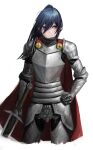  1girl absurdres armor blue_hair breastplate cape chainmail closed_mouth commission gauntlets greaves hair_between_eyes hand_on_hip highres holding holding_sword holding_weapon hwan_(verypoor) knight long_hair original pauldrons red_cape shoulder_armor simple_background solo sword vambraces weapon white_background yellow_eyes 