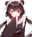  1girl :d animal_ears bangs black_kimono brown_hair cat_ears floating_hair flower hair_flower hair_ornament heterochromia highres inui_toko japanese_clothes kimono long_hair long_sleeves looking_at_viewer maid_headdress nijisanji obi open_mouth red_eyes red_flower sash shiny shiny_hair simple_background sleeves_past_fingers sleeves_past_wrists smile solo twintails upper_body very_long_hair virtual_youtuber white_background wide_sleeves yellow_eyes yua_(bokubo0806) 