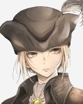  1girl absurdres ascot bangs blonde_hair bloodborne brown_eyes brown_headwear brown_jacket closed_mouth grey_ascot grey_background hat hat_feather highres jacket lady_maria_of_the_astral_clocktower portrait shimoda_masaya shiny shiny_hair short_hair simple_background solo 