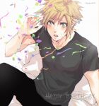  1boy black_pants blonde_hair blue_eyes blush cloud_strife collarbone confetti final_fantasy final_fantasy_vii final_fantasy_vii_advent_children gogochi55 hand_up happy_birthday male_focus open_mouth pants pillow shirt sitting solo spiky_hair surprised t-shirt twitter_username 
