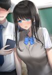  1boy 1girl :o absurdres black_hair blue_bow blue_bowtie blue_eyes blue_necktie blush bow bowtie breasts chalkboard highres indoors kaku_yone long_hair looking_at_phone medium_breasts necktie original phone pocket school_uniform short_hair standing sweatdrop sweater_vest uniform upper_body white_background 