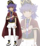  1boy bangs baseball_cap boots cape champion_uniform closed_mouth commentary_request dark-skinned_male dark_skin dynamax_band hand_up hat highres leggings leon_(pokemon) long_hair male_focus ore_(pink2521) pokemon pokemon_(game) pokemon_swsh purple_hair red_cape shield_print shirt short_sleeves shorts standing sword_print white_footwear white_shorts yellow_eyes younger zoom_layer 