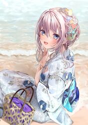  1girl :d bag bangs beach blue_eyes blue_hair blush commentary_request day floral_print grey_kimono hair_between_eyes highres japanese_clothes kimono long_sleeves looking_at_viewer looking_back multicolored_hair on_ground original outdoors pink_hair print_kimono puracotte sitting smile solo star_(symbol) starfish streaked_hair water wide_sleeves 