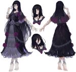  1girl back bangs barefoot black_eyes black_hair closed_mouth commission dress full_body hair_between_eyes hair_over_one_eye highres long_hair looking_at_viewer multiple_views original purple_dress short_sleeves simple_background smile tiptoes toes tomatolover16 white_background 