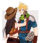  1boy 1girl armor bandaid bandaid_on_cheek bandaid_on_face bare_shoulders black_hair blonde_hair blue_eyes blush bracelet brown_skirt brown_vest cloud_strife cowboy_hat crisis_core_final_fantasy_vii crop_top earrings final_fantasy final_fantasy_vii final_fantasy_vii_remake gloves hand_on_another&#039;s_face hat highres jewelry long_hair looking_at_another mmariesr scarf shinra_infantry shinra_infantry_uniform shoulder_armor skirt smile spiky_hair tifa_lockhart vest 