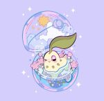  +_+ afloat artist_name blush_stickers capsule chikorita commentary leaphere looking_at_viewer no_humans one_eye_closed pokemon pokemon_(creature) purple_background solo sparkle star_(symbol) violet_eyes water watermark 